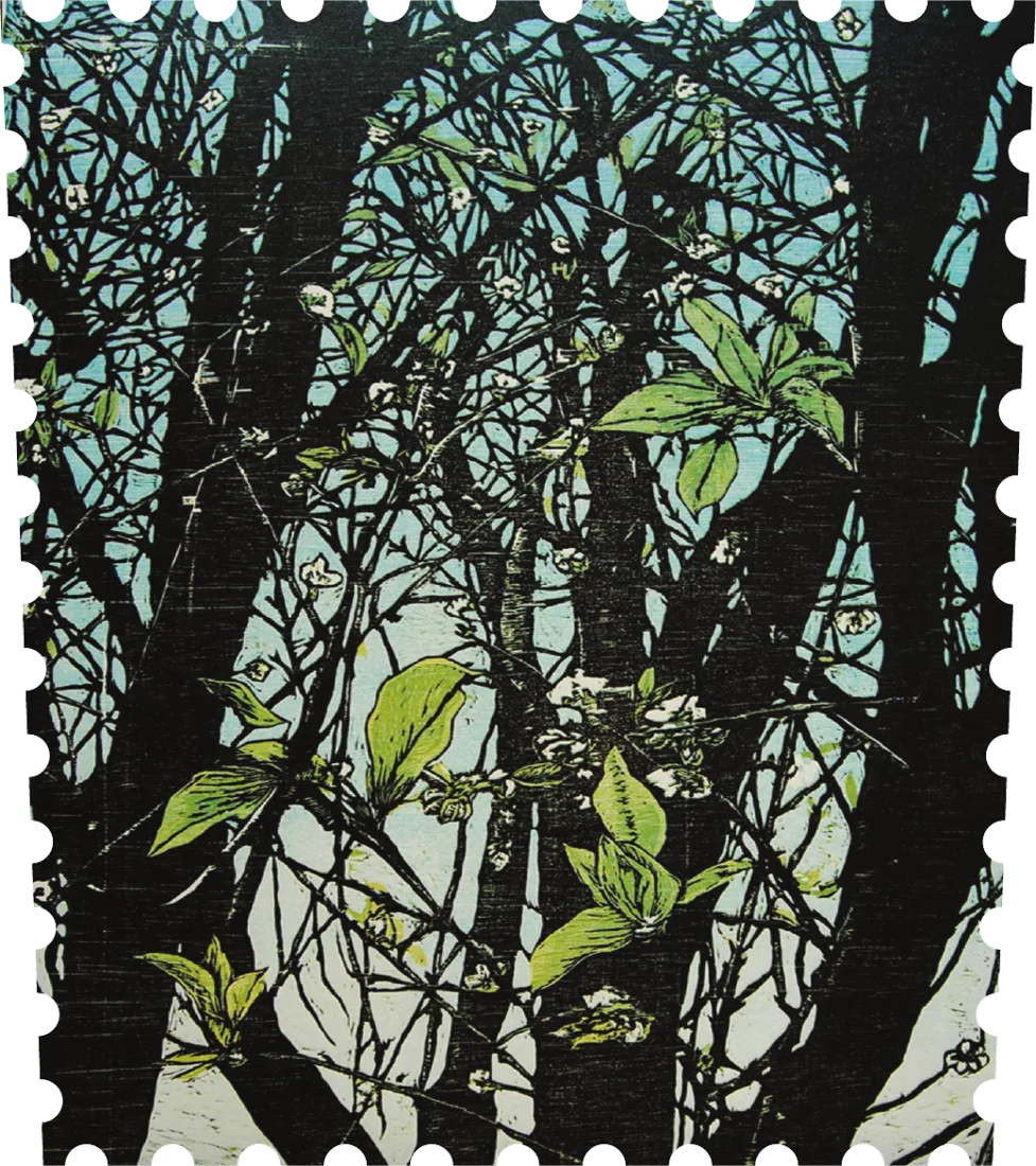 Grabado «Flores de ciruelo» de Gil Tlahui